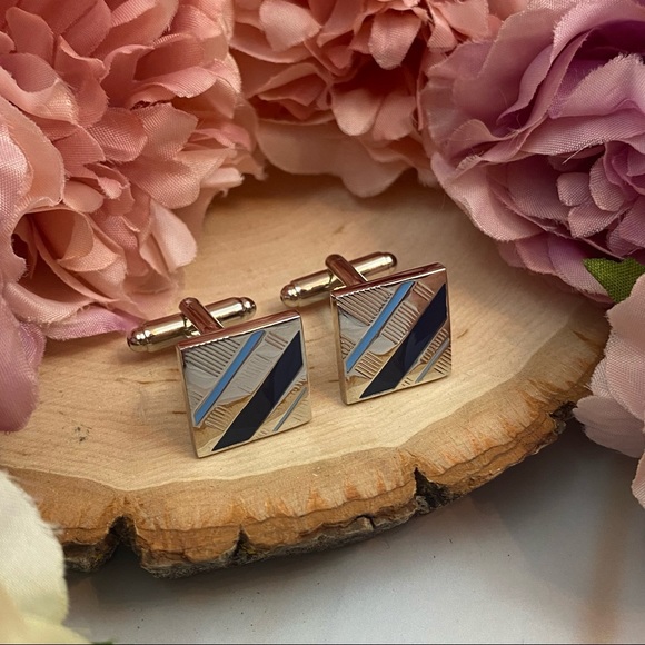 Classic Blue, Silver and Black Stripe Cufflinks - Picture 7 of 15